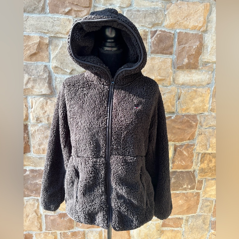 Tommy Hilfiger Black Full Zip Teddy Bear Fleece Faux Fur Hooded Jacket Size L
